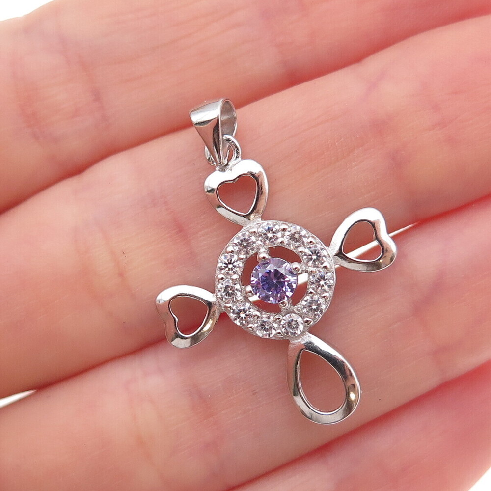 925 Sterling Silver Round-Cut Purple & White C Z Heart Cross Charm Pendant